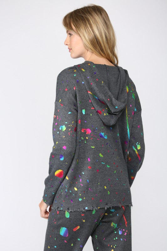 FATE BY LTD FOIL PAINT SPLATTER HOODED SWEATER CHARCOAL