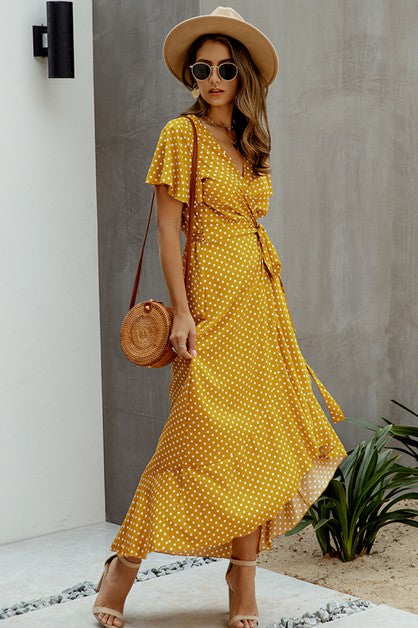 Mustard polka dot wrap cheap dress