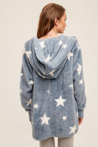 Star Print Faux fur So Soft plush hooded jacket with pockets