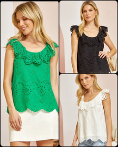 Eyelet fabric top with ruffle details - Assorted Colors