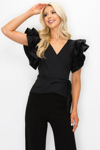 Wrap Top With Cap Sleeves - Black