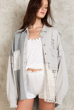 POL lace patch contrast fabric button down shacket - Dove Grey, Dusky Sage or Ivory