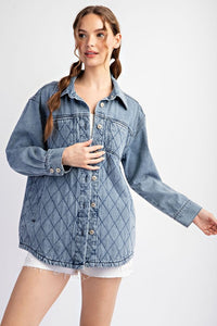 QUILTED BUTTON DOWN JACKET - DENIM OR CAMEL