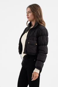 CROPPED ZIP UP CARGO PUFFER JACKET - BLACK OR IVORY