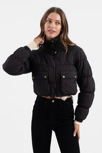 CROPPED ZIP UP CARGO PUFFER JACKET - BLACK OR IVORY