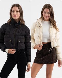 CROPPED ZIP UP CARGO PUFFER JACKET - BLACK OR IVORY