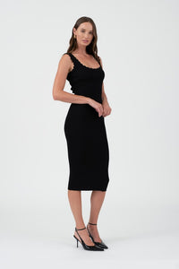 SCALLOPED KNIT TANK MIDI DRESS - BLACK