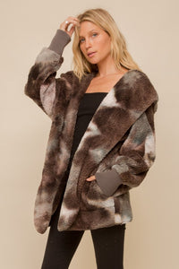 SOFT AND COZY TIE DYE FUR OPEN JACKET - SAGE/GREY