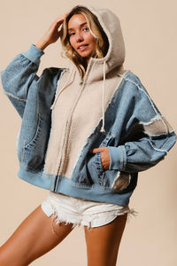 WASHED AND FLEECE MIX AND MATCH ZIP UP HOODIE - DENIM/OATMEAL