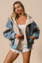 WASHED AND FLEECE MIX AND MATCH ZIP UP HOODIE - DENIM/OATMEAL