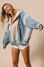 WASHED AND FLEECE MIX AND MATCH ZIP UP HOODIE - DENIM/OATMEAL