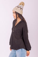 PLUS SIZE Button Down Hooded Knit Henley Top - Black or Mocha
