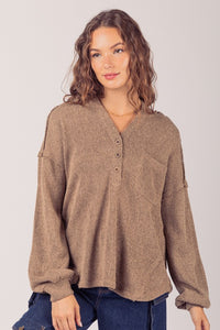 PLUS SIZE Button Down Hooded Knit Henley Top - Black or Mocha