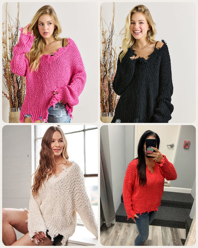 FRAYED SWEATER TOP - ASSORTED COLORS
