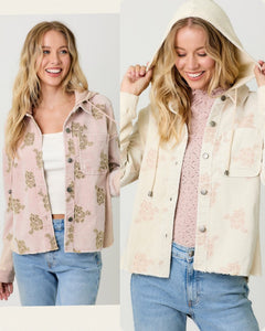 Flower Embroidery Hoodie Jacket - Washed Rose or Washed Almond