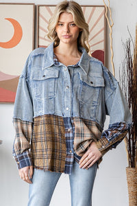 OLI& HALI WASHED PLAID MIXED DENIM COLORBLOCK SHACKET - BLUE