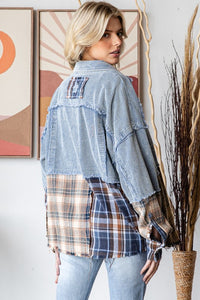 OLI& HALI WASHED PLAID MIXED DENIM COLORBLOCK SHACKET - BLUE