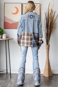 OLI& HALI WASHED PLAID MIXED DENIM COLORBLOCK SHACKET - BLUE