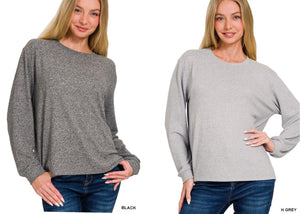 SOFT MELANGE HACCI ROUND NECK LONG SLV TEE - BLACK OR HEATHER GREY