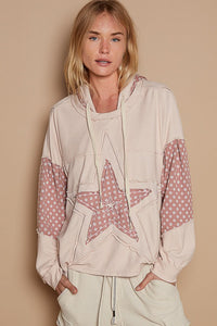 POL Star patch-work frayed edge french terry hoodie - Dusty Rose