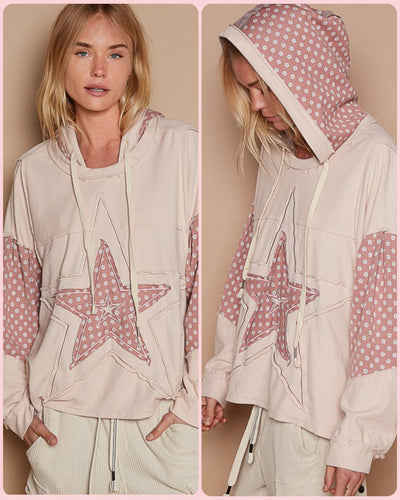 POL Star patch-work frayed edge french terry hoodie - Dusty Rose