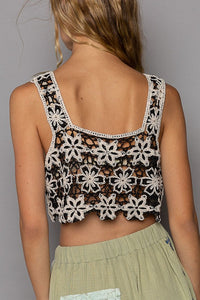 POL Hand made crochet embroidery woven crop top - Black Multi