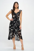 Petal Print Chiffon Ruffle Surplice Midi Dress - Black or Ivory