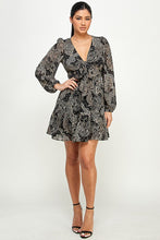 Paisley Front Tie Knot Ruffle Long Sleeve Dress - Black