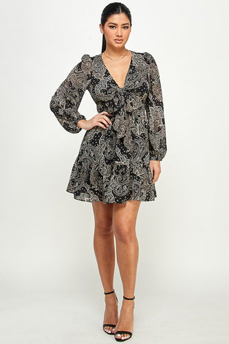 Paisley Front Tie Knot Ruffle Long Sleeve Dress - Black