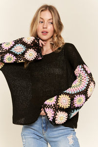 MULTI COLOR CROCHET SLEEVE LOOSE TOP - BLACK OR BEIGE