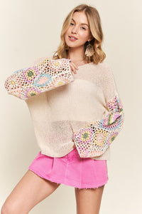 MULTI COLOR CROCHET SLEEVE LOOSE TOP - BLACK OR BEIGE