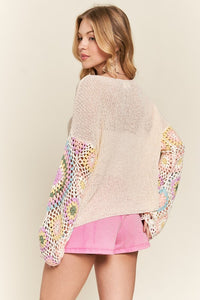 MULTI COLOR CROCHET SLEEVE LOOSE TOP - BLACK OR BEIGE