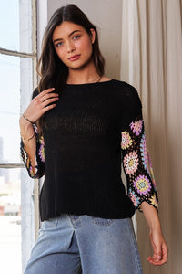 CROCHET MULTI COLORED GRANNY SLEEVE SWEATER TOP - BLACK OR CREAM