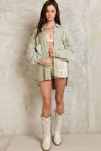 POL lace patch contrast fabric button down shacket - Dove Grey, Dusky Sage or Ivory