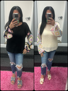 MULTI COLOR CROCHET SLEEVE LOOSE TOP - BLACK OR BEIGE