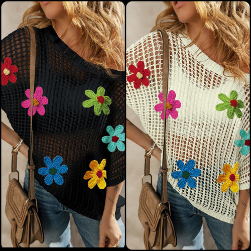 Crochet Flower Hollow-out Sweater Top - Black or White
