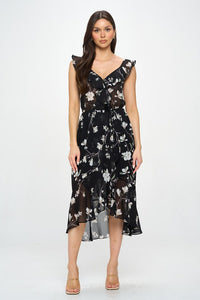 Petal Print Chiffon Ruffle Surplice Midi Dress - Black or Ivory