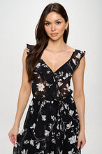 Petal Print Chiffon Ruffle Surplice Midi Dress - Black or Ivory