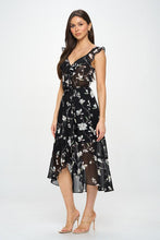 Petal Print Chiffon Ruffle Surplice Midi Dress - Black or Ivory