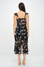 Petal Print Chiffon Ruffle Surplice Midi Dress - Black or Ivory