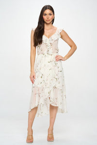 Petal Print Chiffon Ruffle Surplice Midi Dress - Black or Ivory