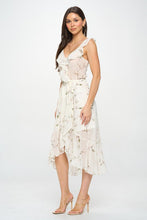 Petal Print Chiffon Ruffle Surplice Midi Dress - Black or Ivory