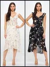 Petal Print Chiffon Ruffle Surplice Midi Dress - Black or Ivory