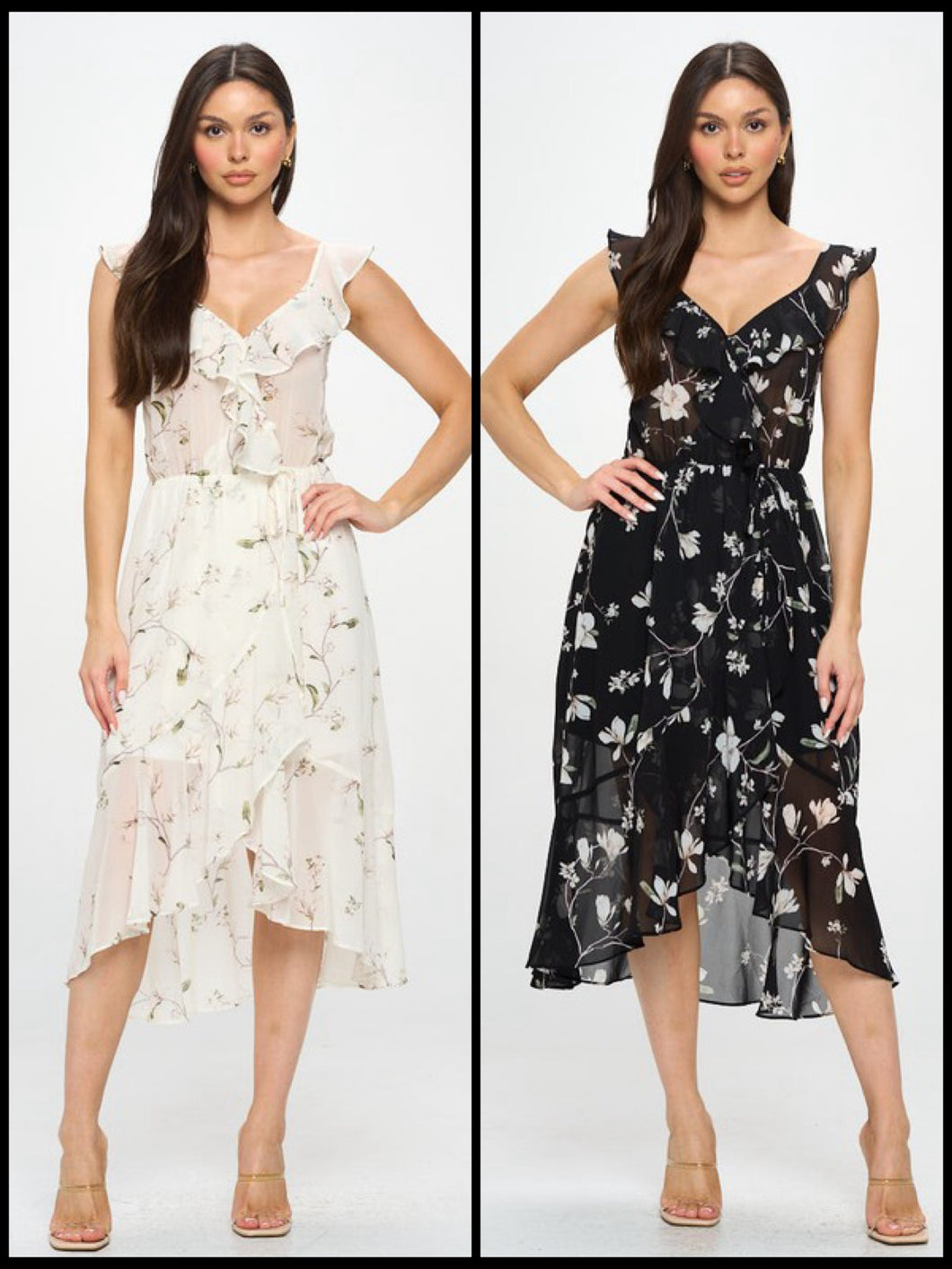 Petal Print Chiffon Ruffle Surplice Midi Dress - Black or Ivory