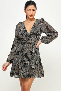 Paisley Front Tie Knot Ruffle Long Sleeve Dress - Black