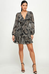 Paisley Front Tie Knot Ruffle Long Sleeve Dress - Black