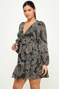 Paisley Front Tie Knot Ruffle Long Sleeve Dress - Black