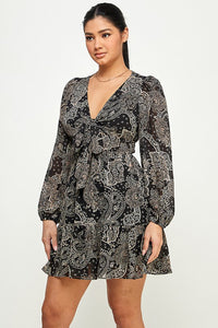 Paisley Front Tie Knot Ruffle Long Sleeve Dress - Black