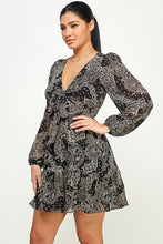 Paisley Front Tie Knot Ruffle Long Sleeve Dress - Black