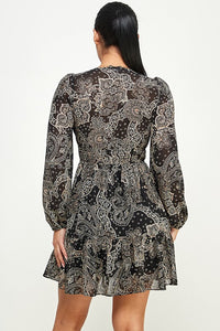 Paisley Front Tie Knot Ruffle Long Sleeve Dress - Black